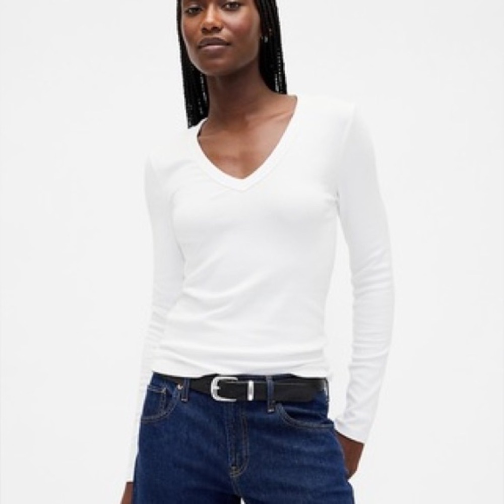 Gap Women’s Modern V-Neck Shrunken T-Shirt Long Sleeve White Size Large Supima